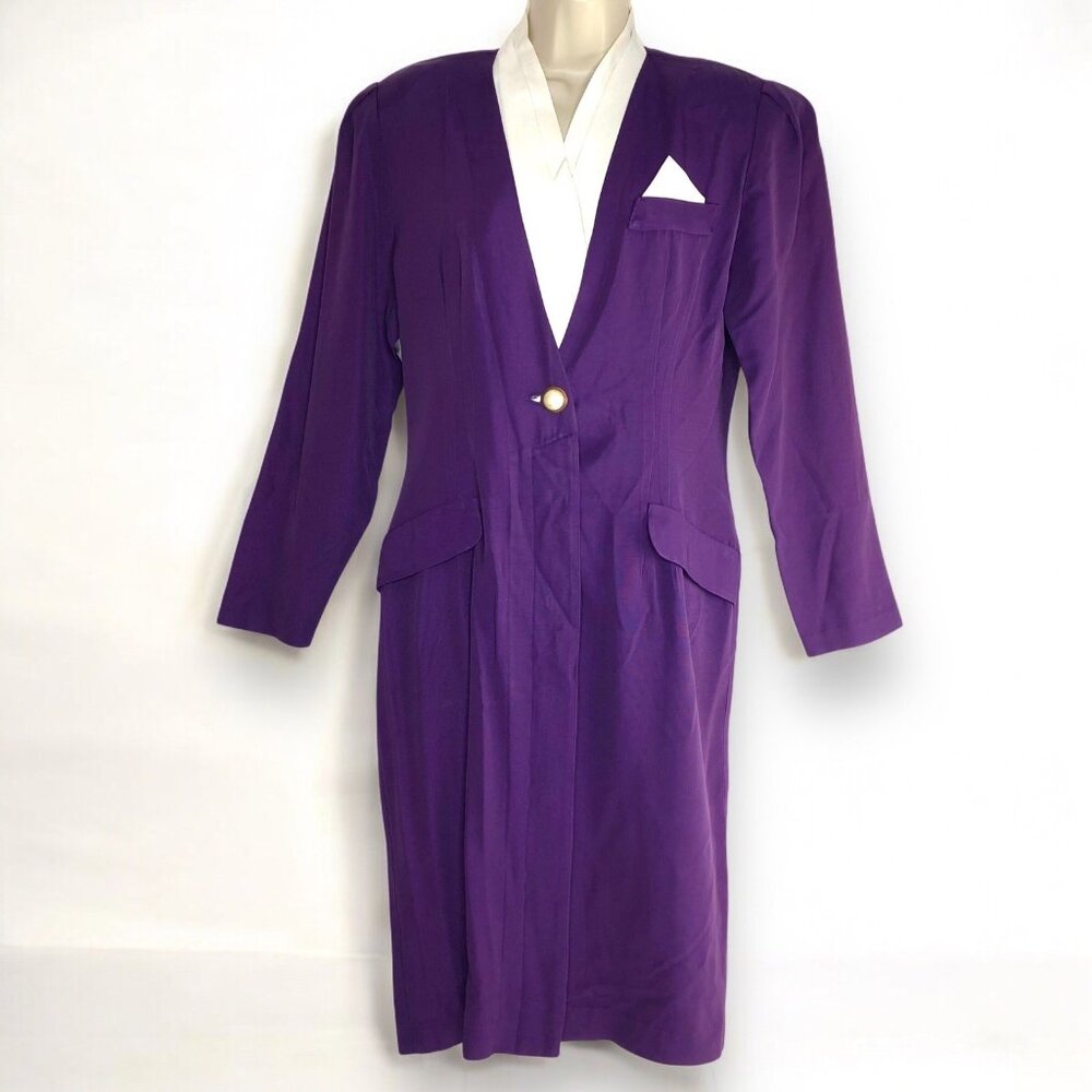 Vintage 70s Sarah Taylor Women Purple Dress Long Sleeves White Collar Old Money